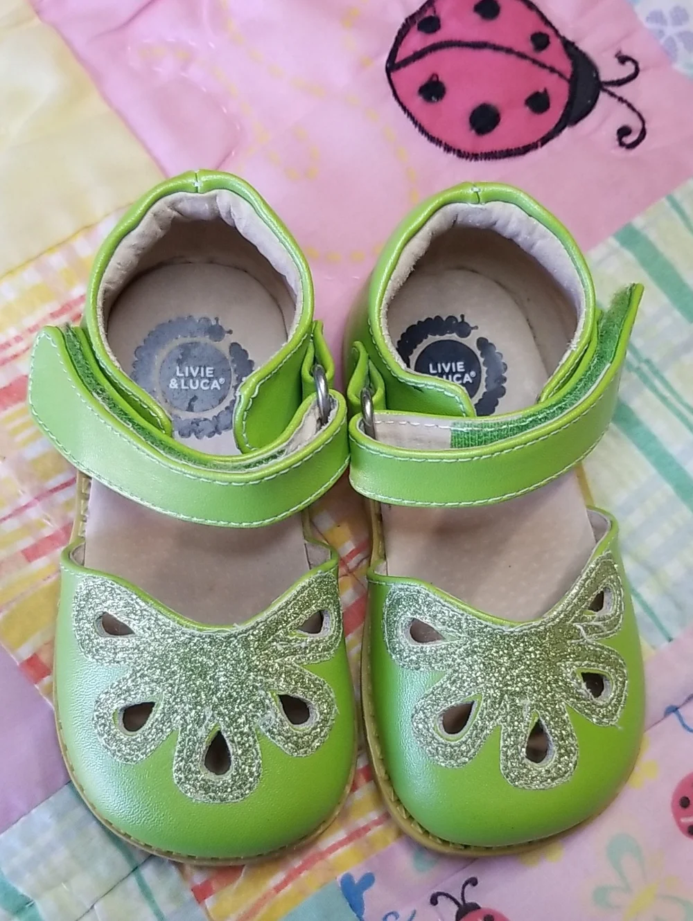 Livie & Luca Lime Green Glitter Mary Jane Shoes Size 6 Leather Petals